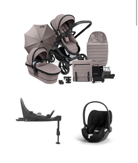 iCandy Peach 7 Pushchair & Accessories with Cybex Cloud T Baby Car Seat and Base T Bundle, Biscotti/Deep Black