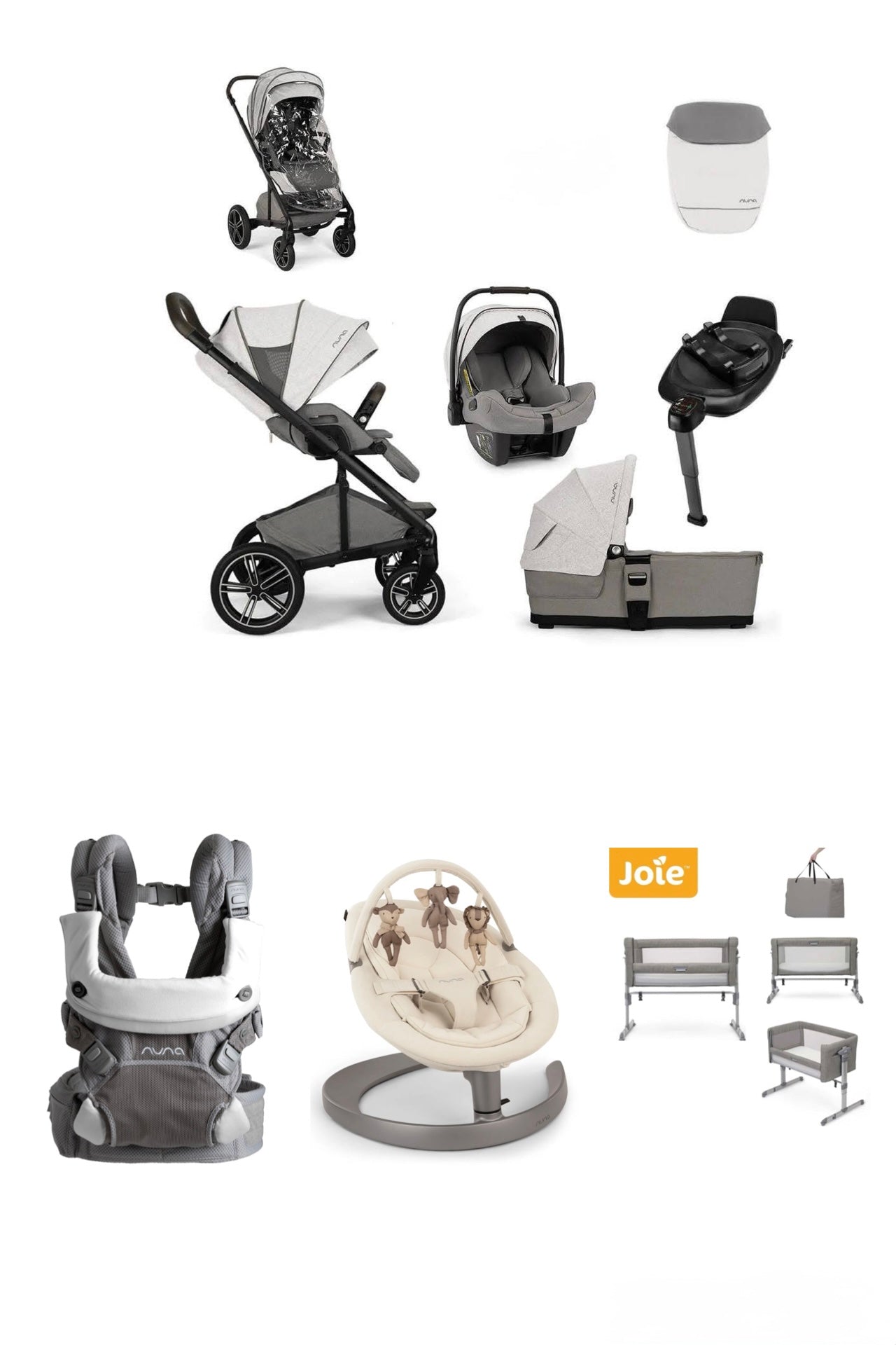 Jolly Tots Mega Bundle Inc Nuna Mixx Next Travel System in Mineral, Nuna Leaf Cloud, Joie Roomie Glide and Nuna Cudl Carrier