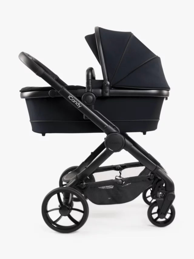 iCandy Peach 7 Pushchair, Carrycot & Accessories with Cocoon Car Seat and Base Travel Bundle, Black Edition