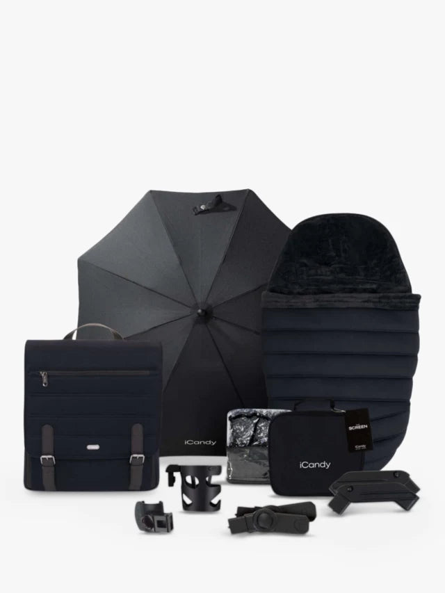 iCandy Peach 7 Pushchair, Carrycot & Accessories with Cocoon Car Seat and Base Travel Bundle, Black Edition