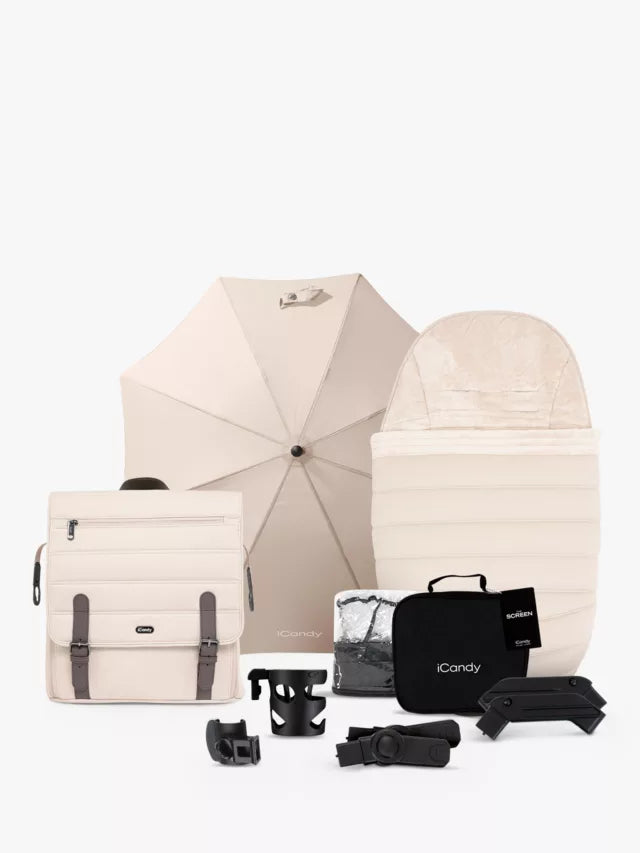iCandy Peach 7 Pushchair, Carrycot & Accessories with Cocoon Car Seat and Base Travel Bundle, Biscotti