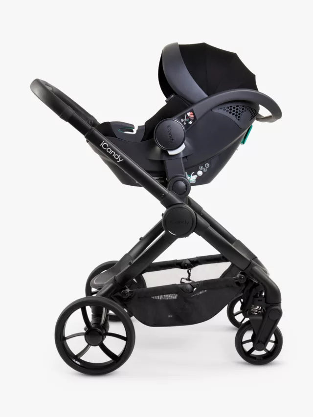 iCandy Peach 7 Pushchair, Carrycot & Accessories with Cocoon Car Seat and Base Travel Bundle, Black Edition