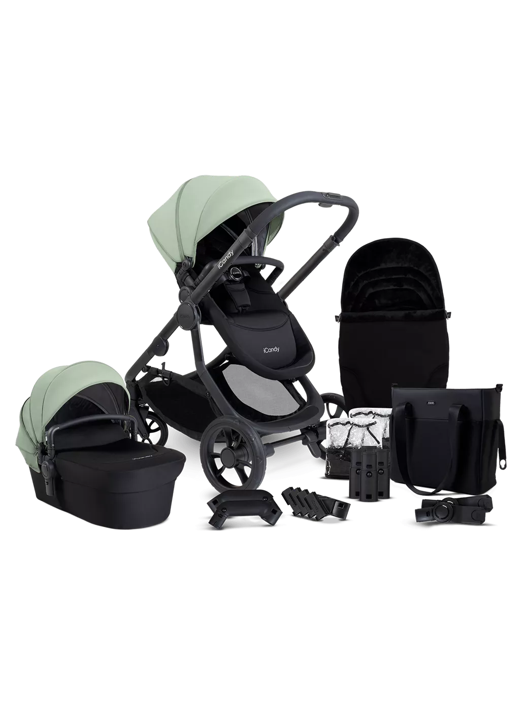 iCandy Orange 4 Pushchair, Carrycot and Accessories Complete Bundle Jet /Pistachio