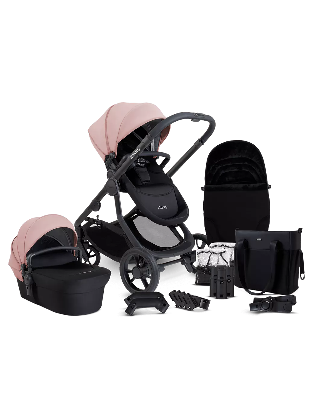 iCandy Orange 4 Pushchair, Carrycot and Accessories Complete Bundle Jet /Rose