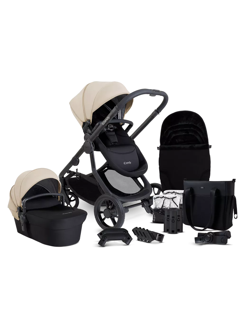 iCandy Orange 4 Pushchair, Carrycot and Accessories Complete Bundle Jet Latte