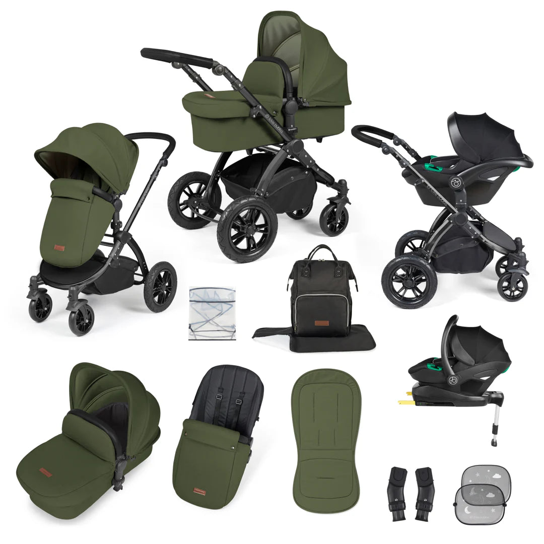 Ickle bubba Stomp Luxe All in One Premium i-Size Travel System with ISOFIX Base Woodland  - Black handle Black Frame