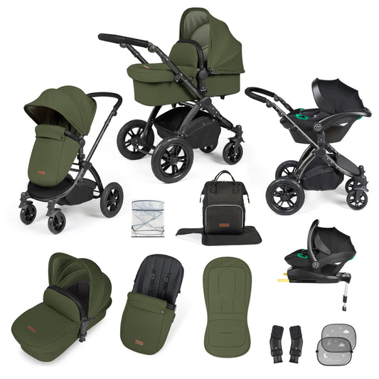 Ickle bubba Stomp Luxe All in One Premium i-Size Travel System with ISOFIX Base Woodland  - Black handle Black Frame