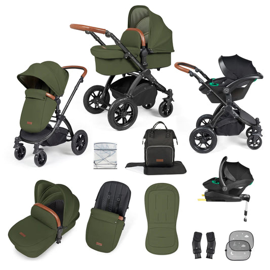 Ickle bubba Stomp Luxe All in One Premium i-Size Travel System with ISOFIX Base Woodland  - Tan handle Black Frame