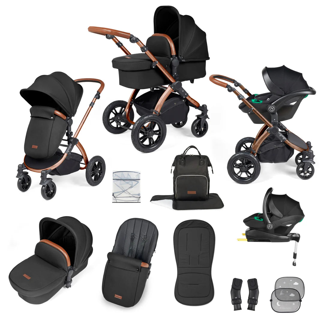 Ickle bubba Stomp Luxe All in One Premium i-Size Travel System with ISOFIX Base *Midnight - Tan handle