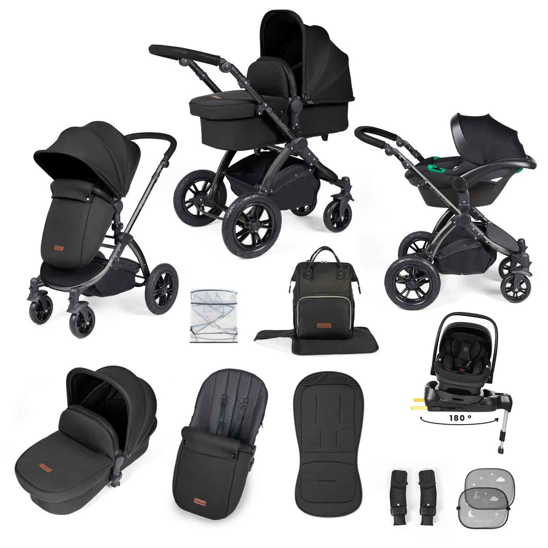 Ickle Bubba Stomp Luxe 12 Piece Travel System Inc I-Size Nimbus Spin Car Seat + Isofix Base Midnight Black