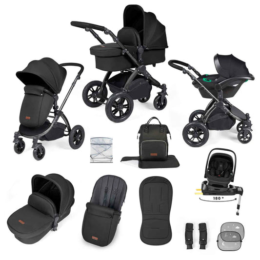Ickle Bubba Stomp Luxe 12 Piece Travel System Inc I-Size Nimbus Spin Car Seat + Isofix Base Midnight Black