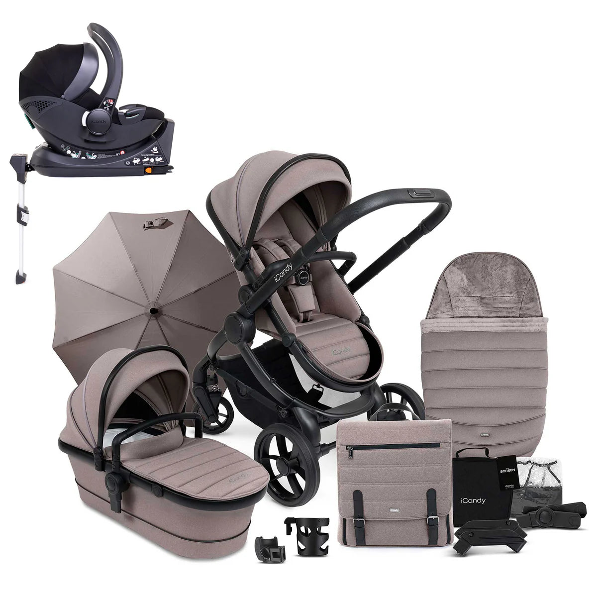 iCandy Peach 7 Pushchair, Carrycot & Accessories with Cocoon Car Seat and Base Travel Bundle, Porcini