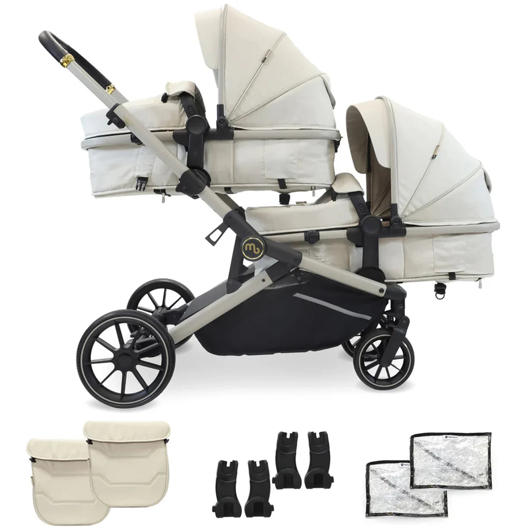 My babiie Tandem Stroller MB33 With 2 Infant Car Seats Ivory
