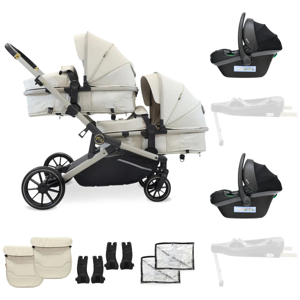 My babiie Tandem Stroller MB33 With 2 Infant Car Seats Ivory