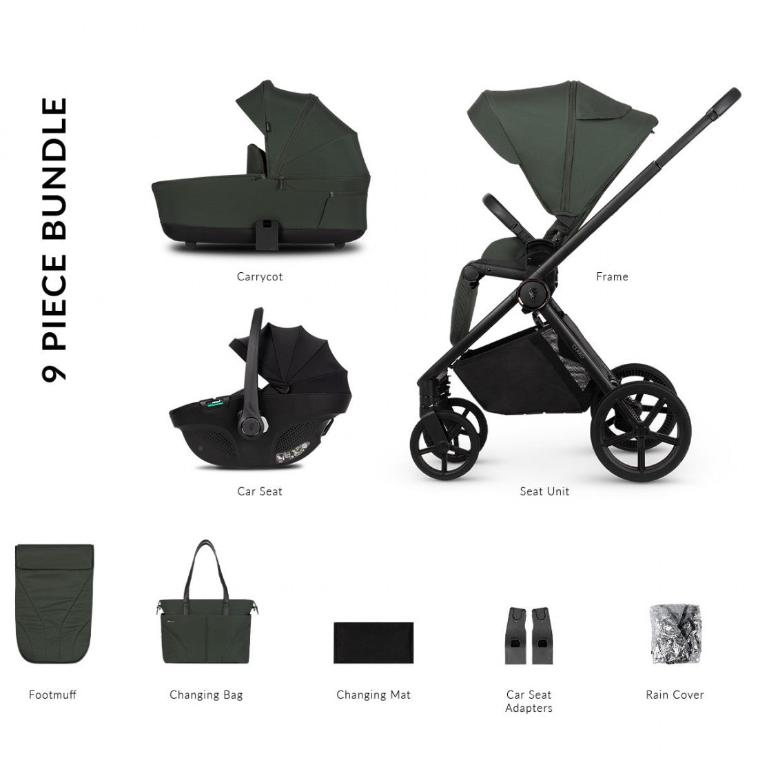 Venicci Claro 3 in 1 with Tiago 360 Car Seat Travel System Bundle, Forest Green