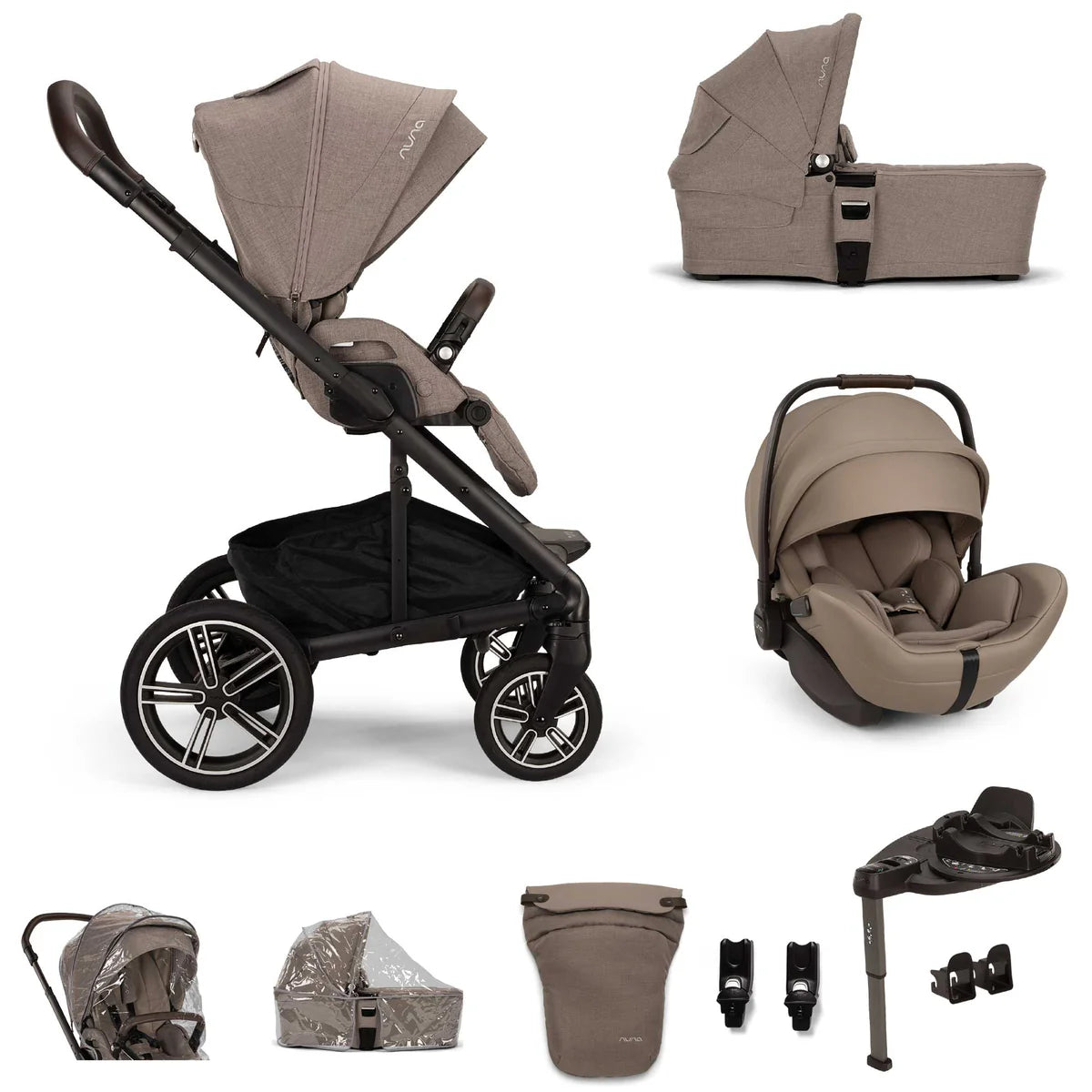 Nuna MIXX Next Pushchair, MIXX Next Carrycot, ARRA Flex Car Seat and BASE Curv Bundle, Cedar