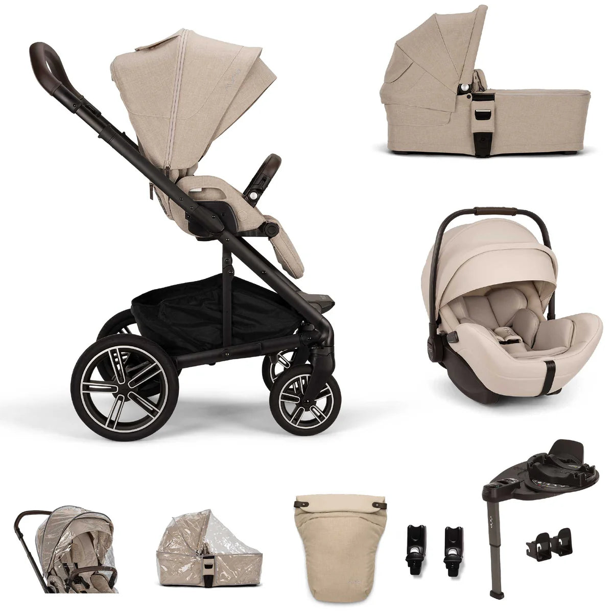 Nuna MIXX Next Pushchair, MIXX Next Carrycot, ARRA Flex Car Seat and BASE Curv Bundle, Biscotti