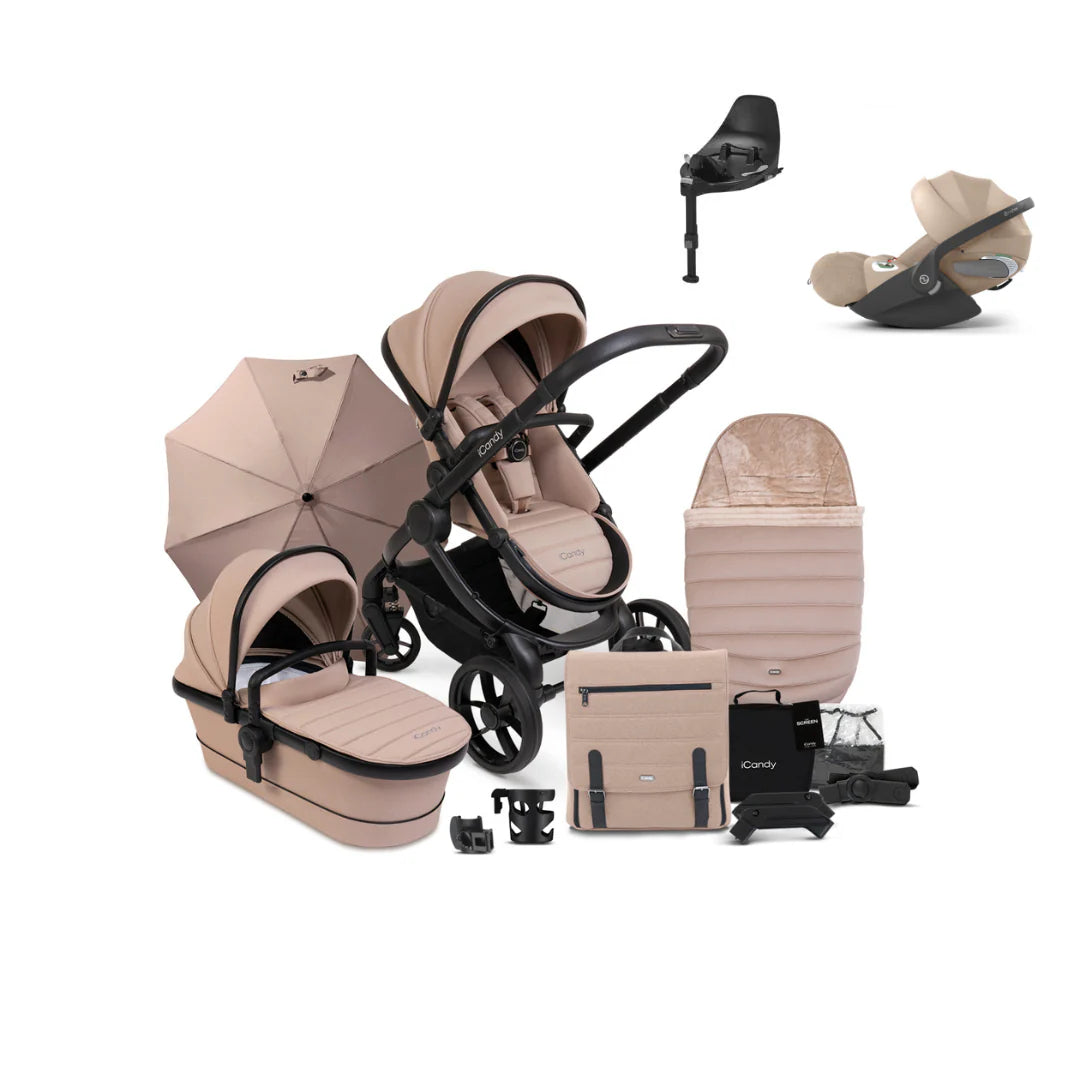 iCandy Peach 7 Pushchair & Accessories with Cybex Cloud T Baby Car Seat and Base T Bundle, Cookie Cozy Beige