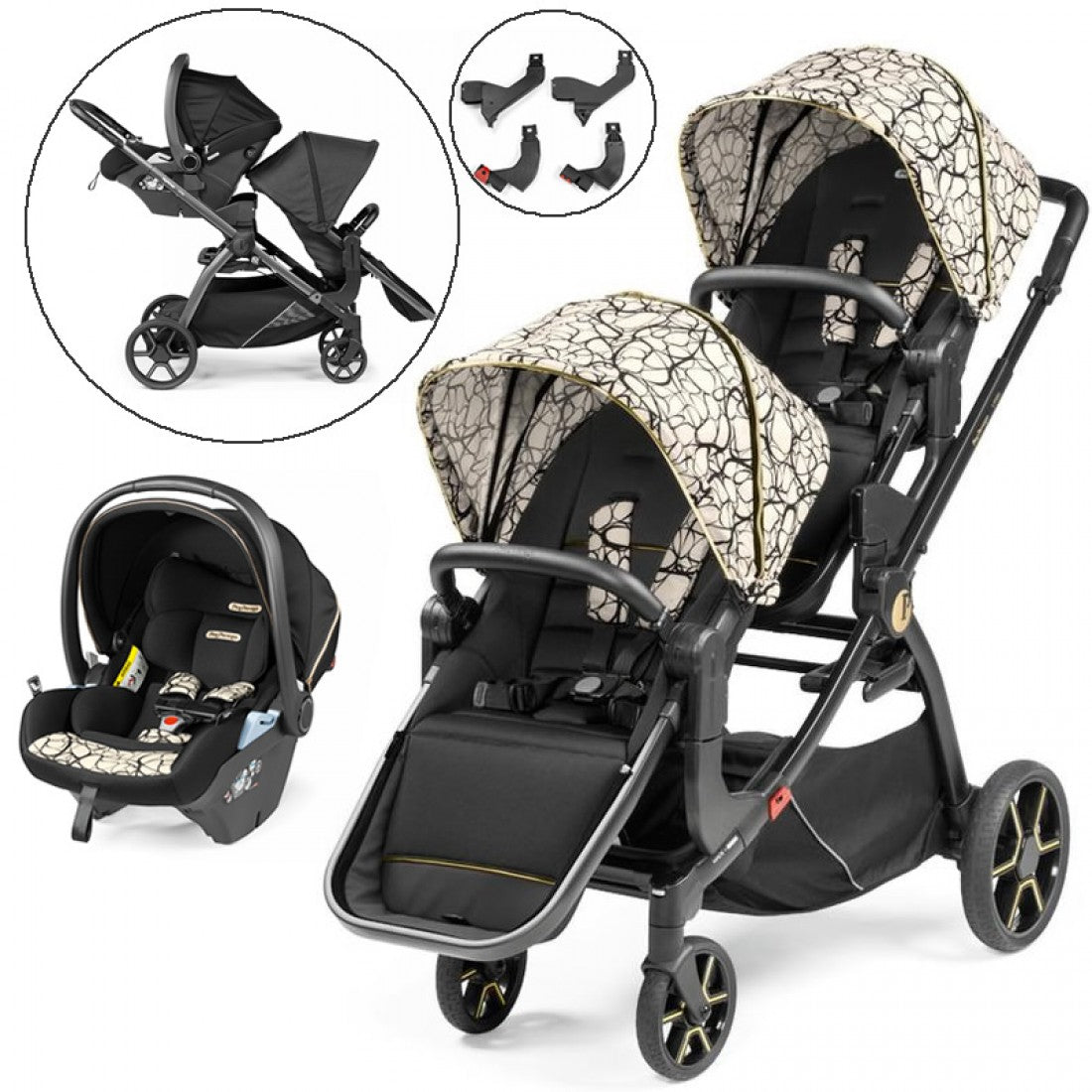 Peg Perego Ypsi Double Stroller Bundle Lounge Car Seat, Graphic Go