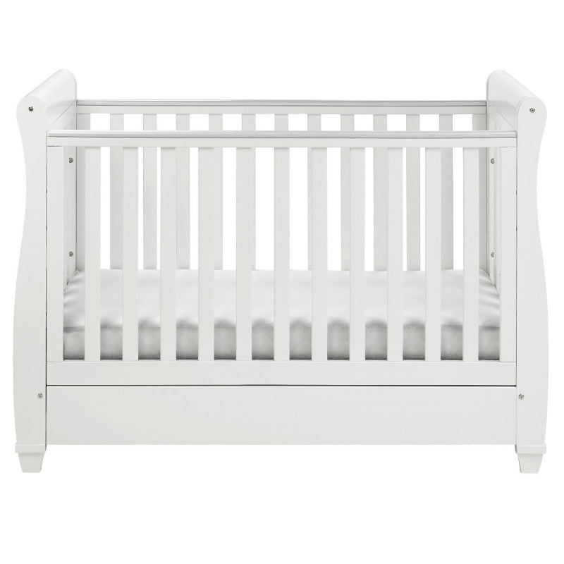 Babymore Eva Sleigh Cot Bed Drop side with Drawer-White
