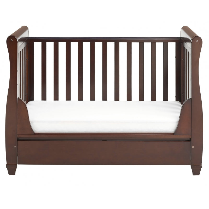 Babymore Eva Sleigh Cot Bed Drop side with Drawer & cot top changer & foam mattress -Brown