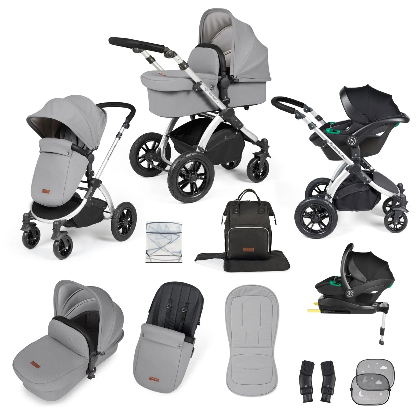 Ickle bubba Stomp Luxe All in One Premium i-Size Travel System with ISOFIX Base *Pearl Grey - Black handle