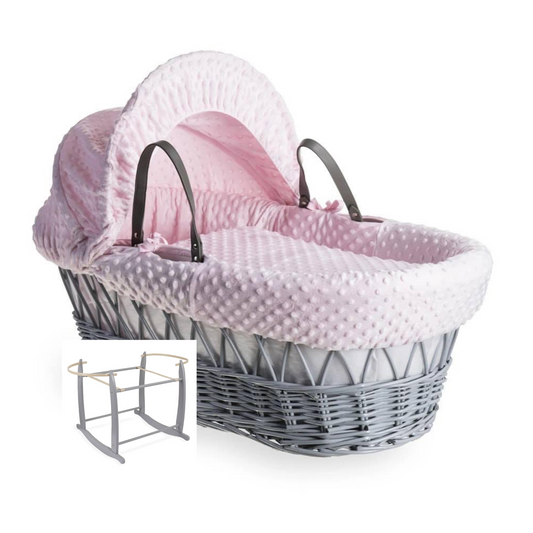 Clair De Lune Dimple Pink Wicker Moses Basket & Stand-Grey