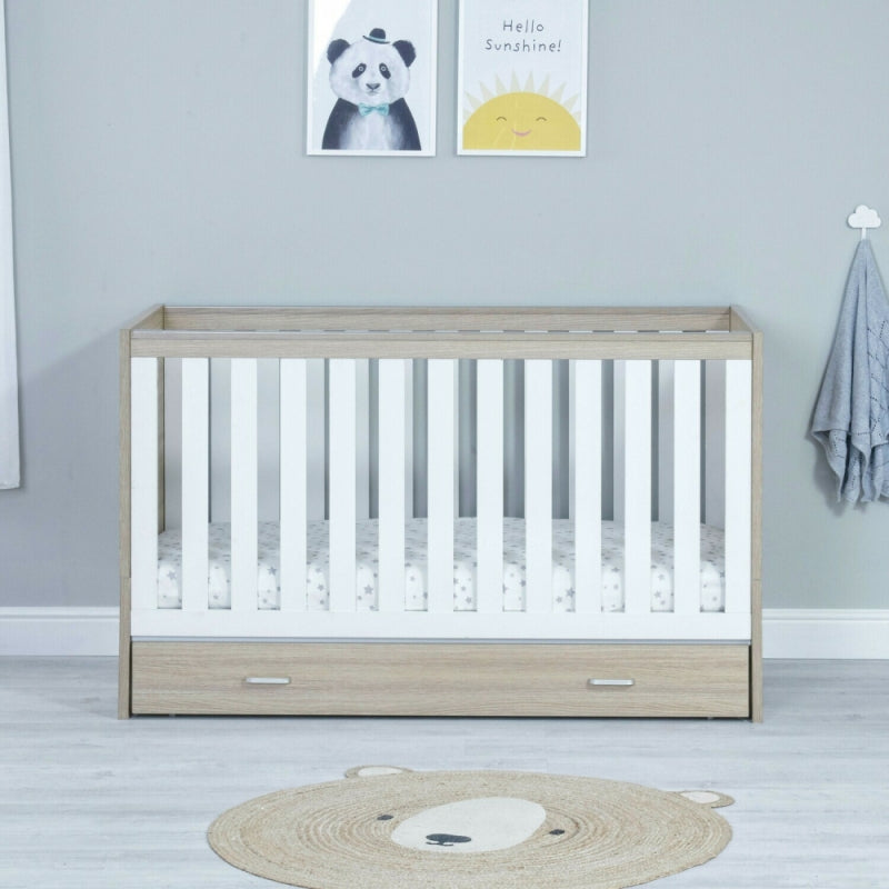 Babymore Veni Cot Bed with Drawer-Oak & White