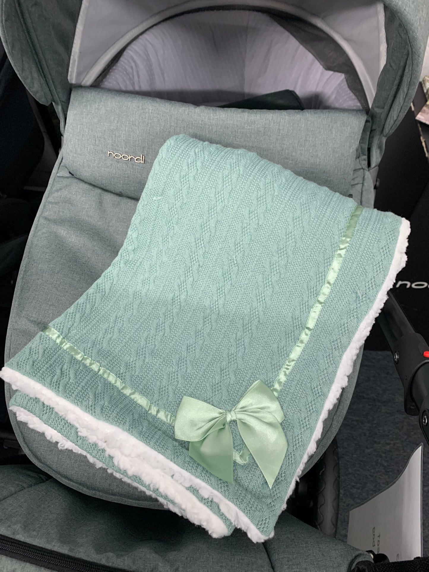 Soft Touch Cable knitted bow blanket - sage