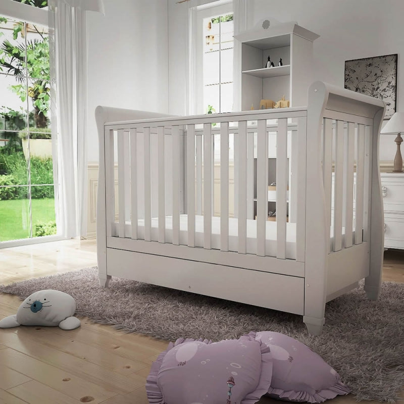 Babymore Eva Sleigh Cot Bed Drop side with Drawer cot top changer-White