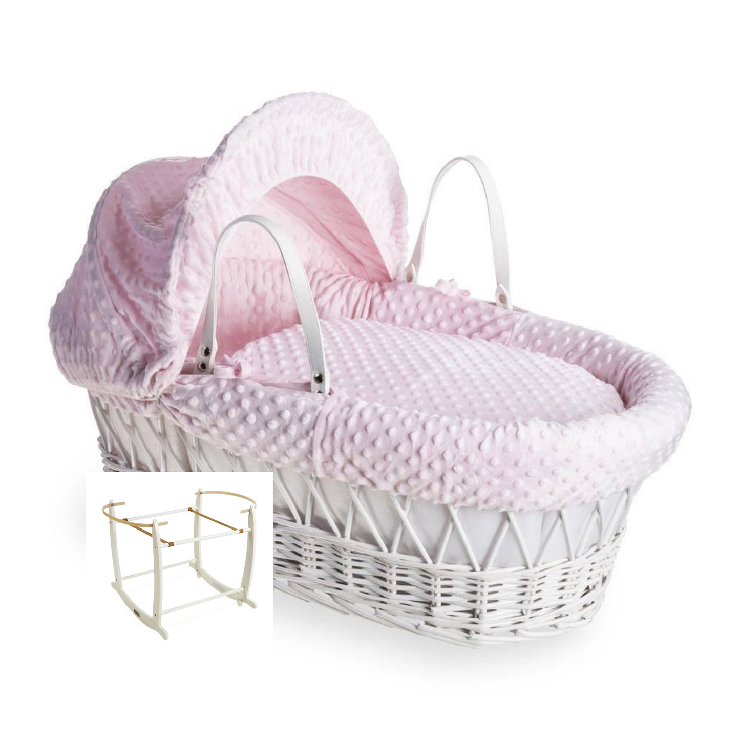 Clair De Lune Dimple Pink Wicker Moses Basket & Stand-White