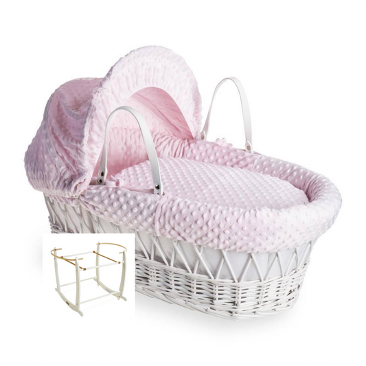 Clair De Lune Dimple Pink Wicker Moses Basket & Stand-White
