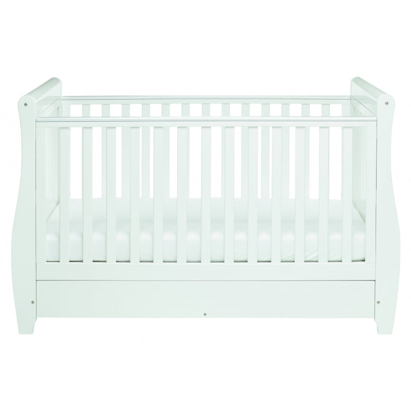 Babymore Stella Sleigh Drop Side Convertible Cot Bed & foam mattress - White