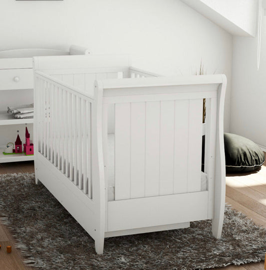 Babymore Stella Sleigh Drop Side  Convertible Cot Bed & cot top changer & foam mattress White
