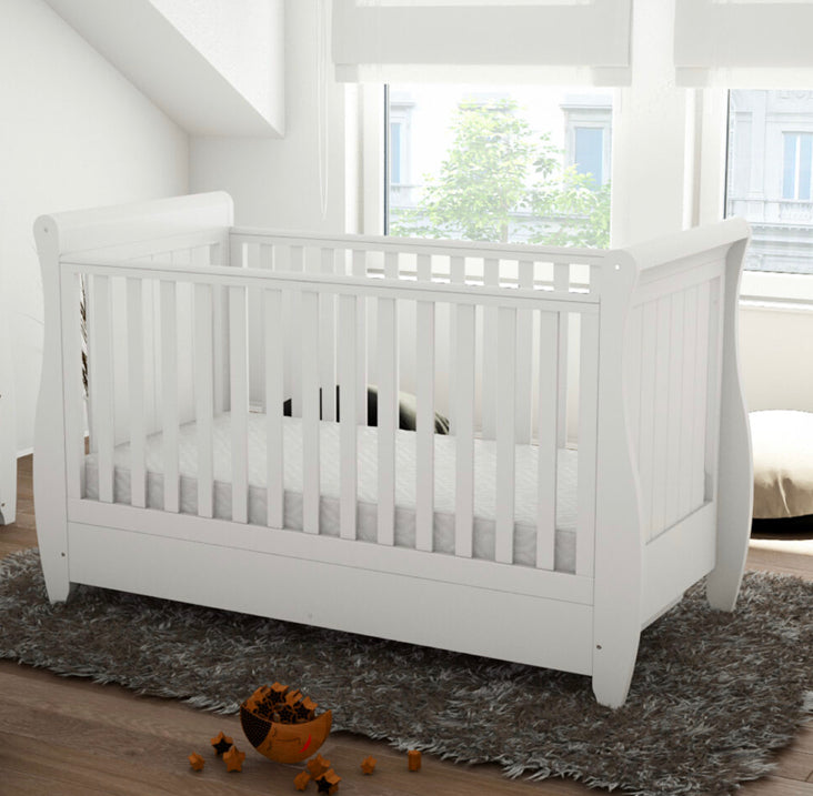Babymore Stella Sleigh Drop Side Convertible Cot Bed & foam mattress - White
