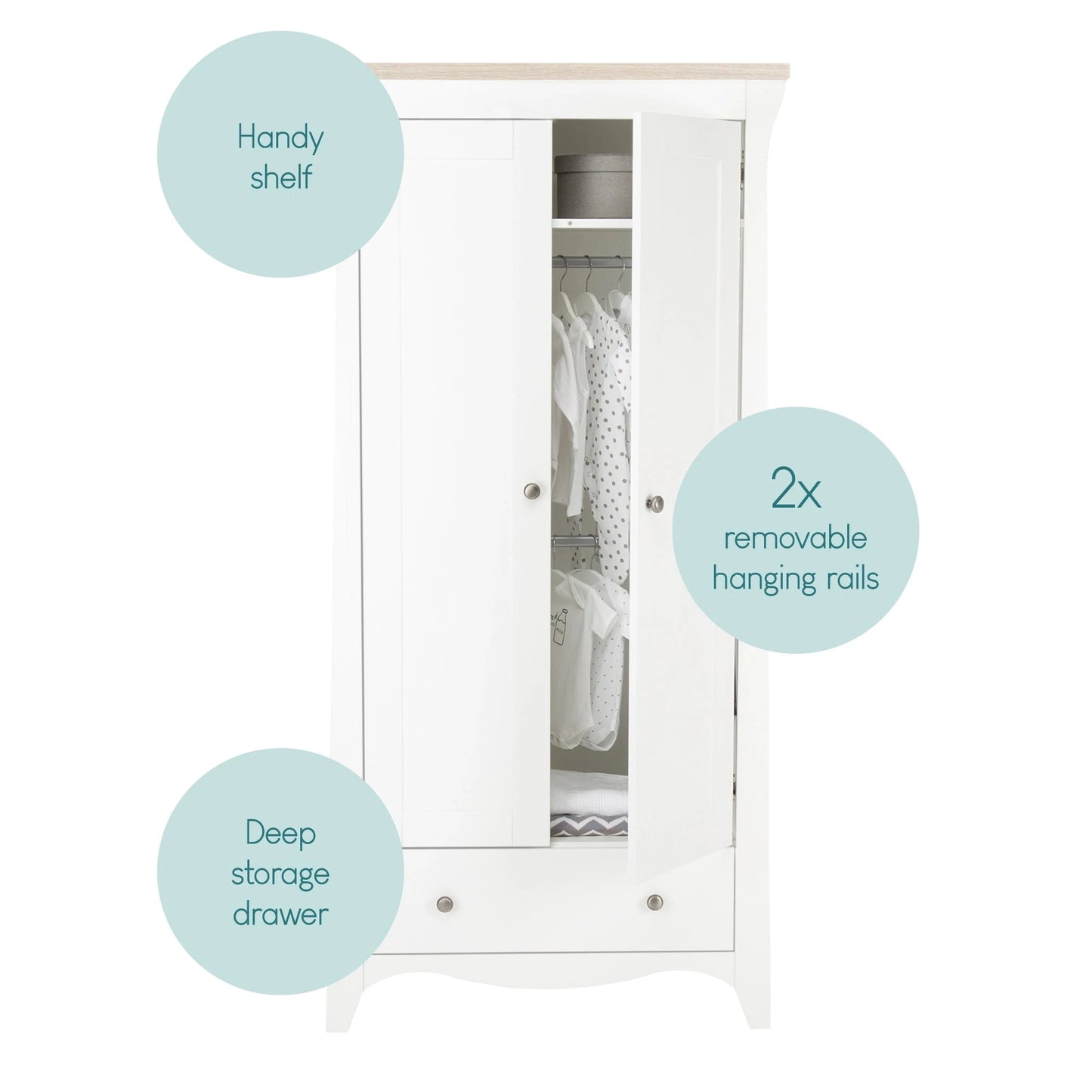 Cuddle Co Clara 2 Door Double Wardrobe - white & Ash
