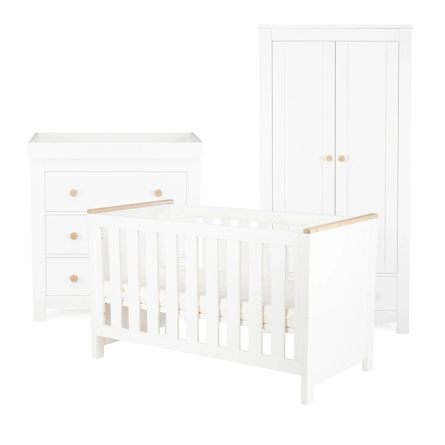 Cuddle Co Aylesbury 3 Piece Nursery Furniture Set (Cot Bed, Dresser & Wardrobe) - White & Ash