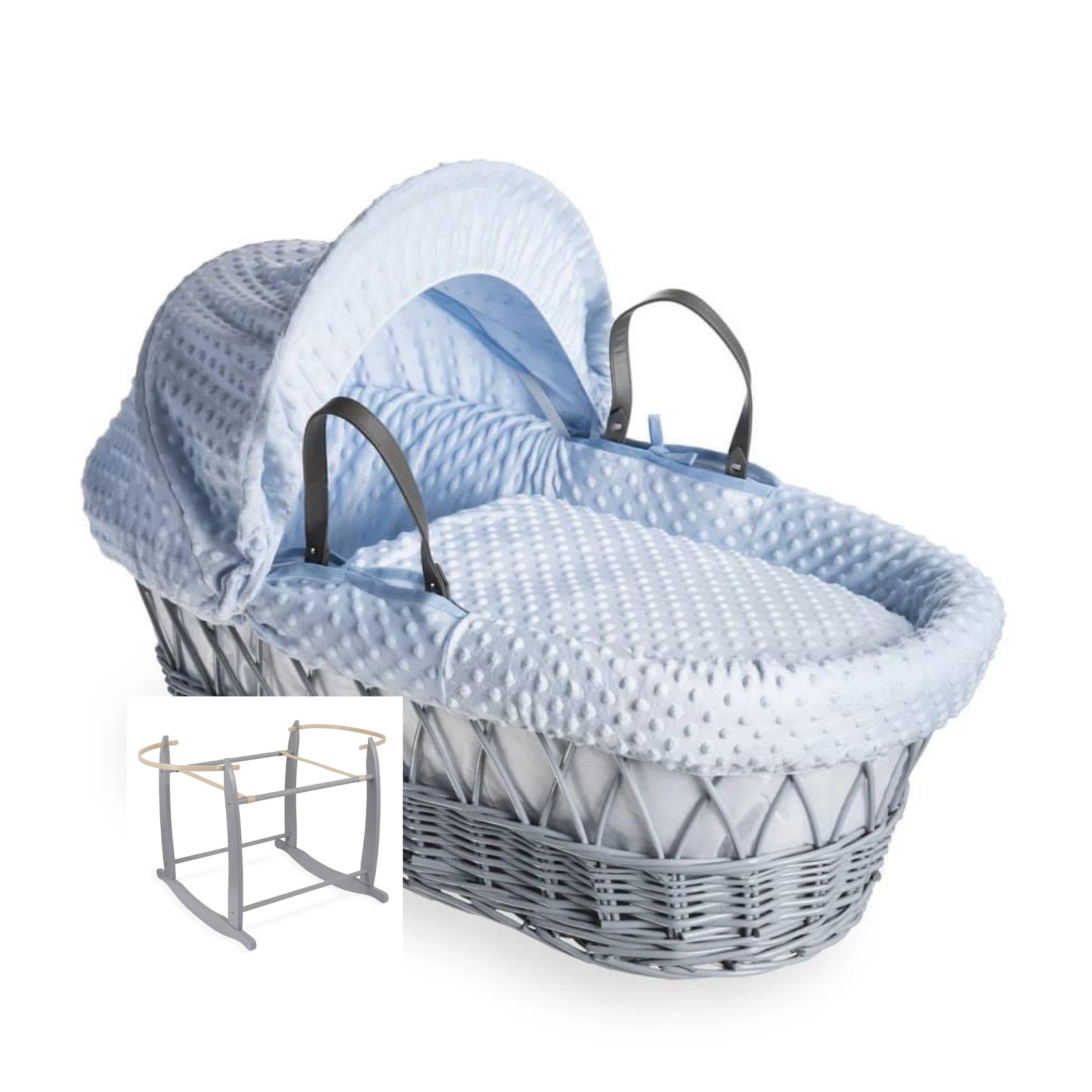 Clair De Lune Dimple Blue Wicker Moses Basket Stand Grey Jolly Tots