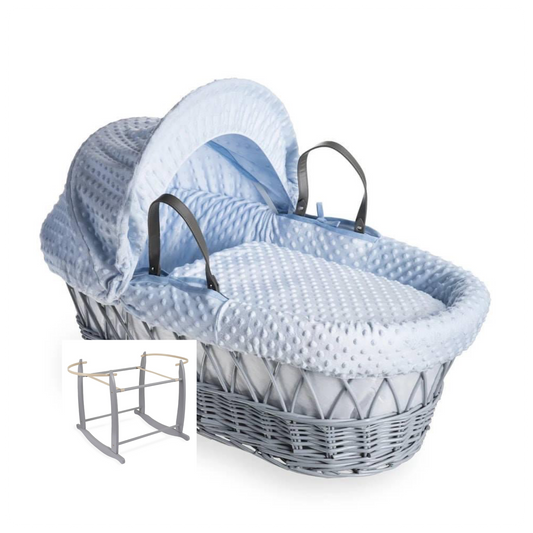 Clair De Lune Dimple Blue Wicker Moses Basket & Stand-Grey