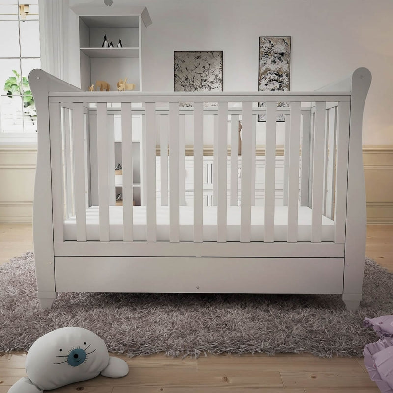 Babymore Eva Sleigh Cot Bed Drop side with Drawer-White