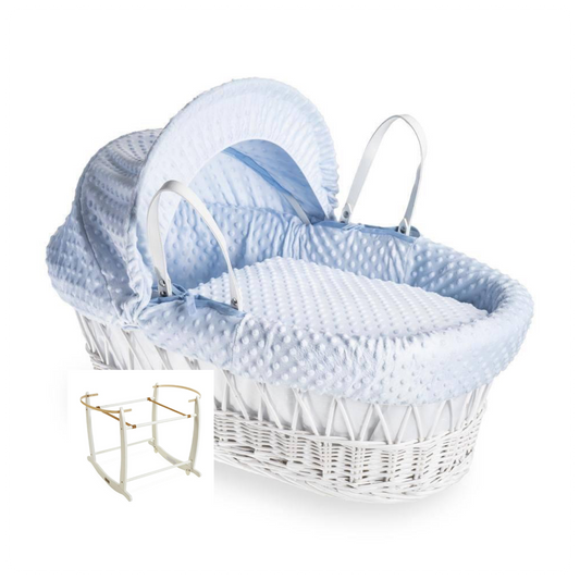 Clair De Lune Dimple Blue Wicker Moses Basket & Stand-White