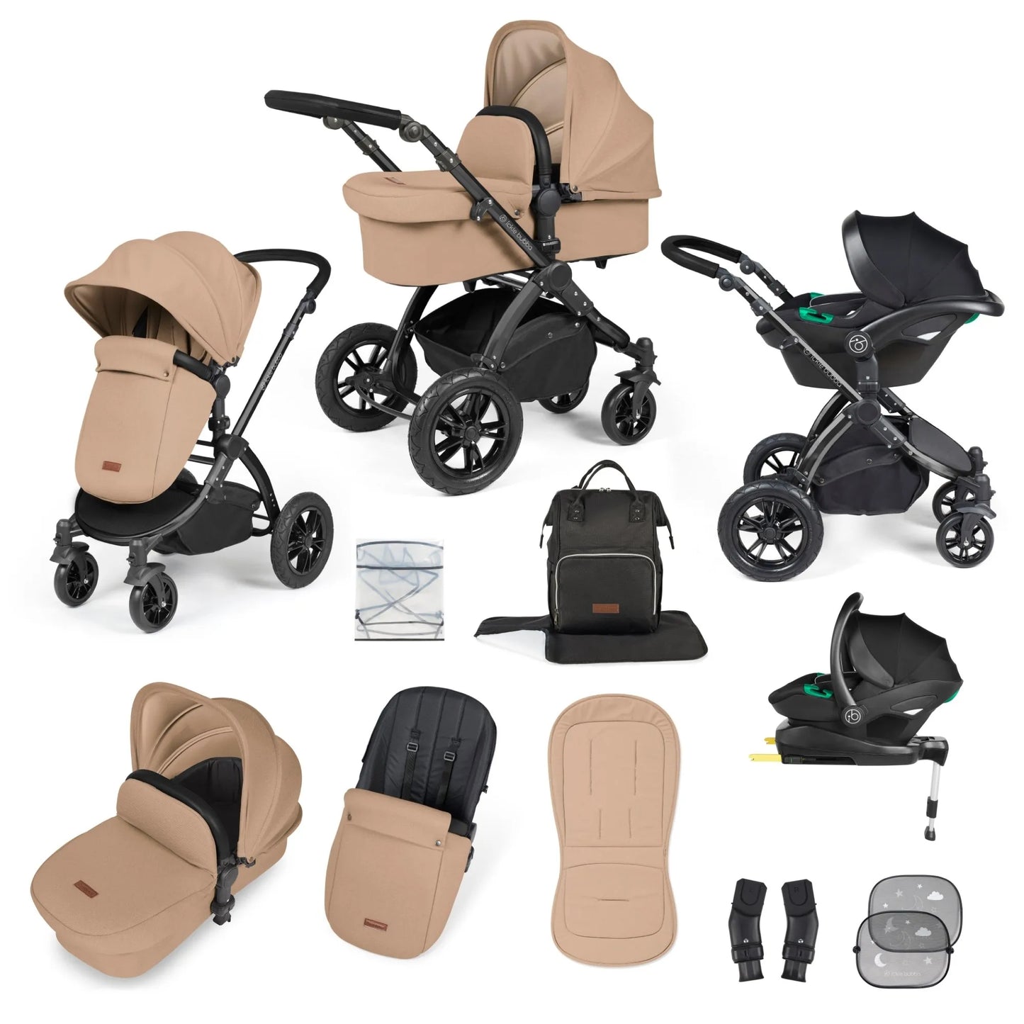 Ickle bubba Stomp Luxe All in One Premium i-Size Travel System with ISOFIX Base *Desert - Black handle