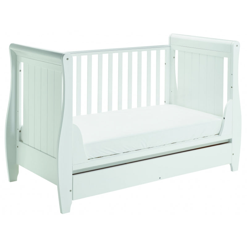 Babymore Stella Sleigh Drop Side Convertible Cot Bed & cot top changer & foam mattress White
