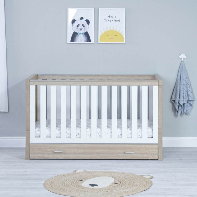Babymore Luno Cot Bed Including Draw - Oak White