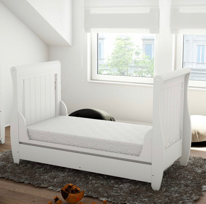 Babymore Stella Sleigh Drop Side Convertible Cot Bed & foam mattress - White