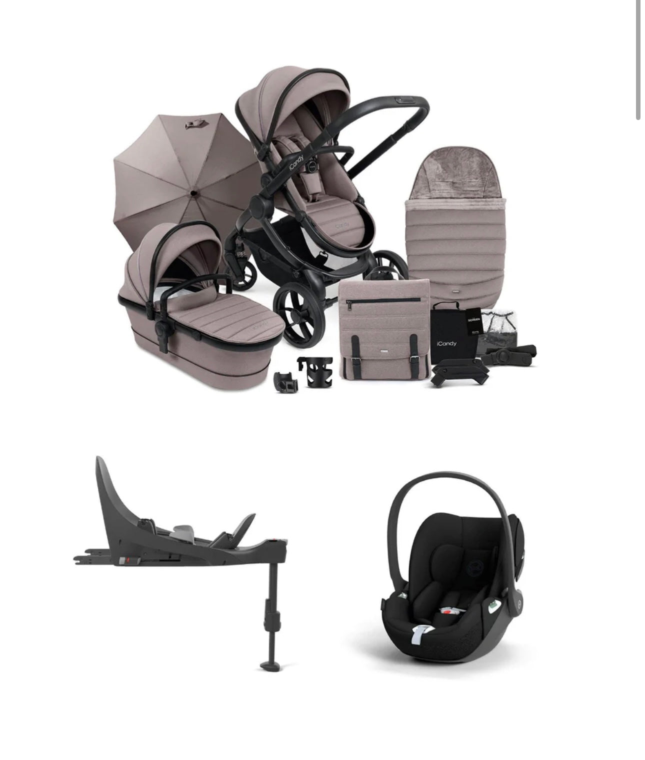 iCandy Peach 7 Pushchair & Accessories with Cybex Cloud T Baby Car Seat and Base T Bundle, Biscotti/Deep Black
