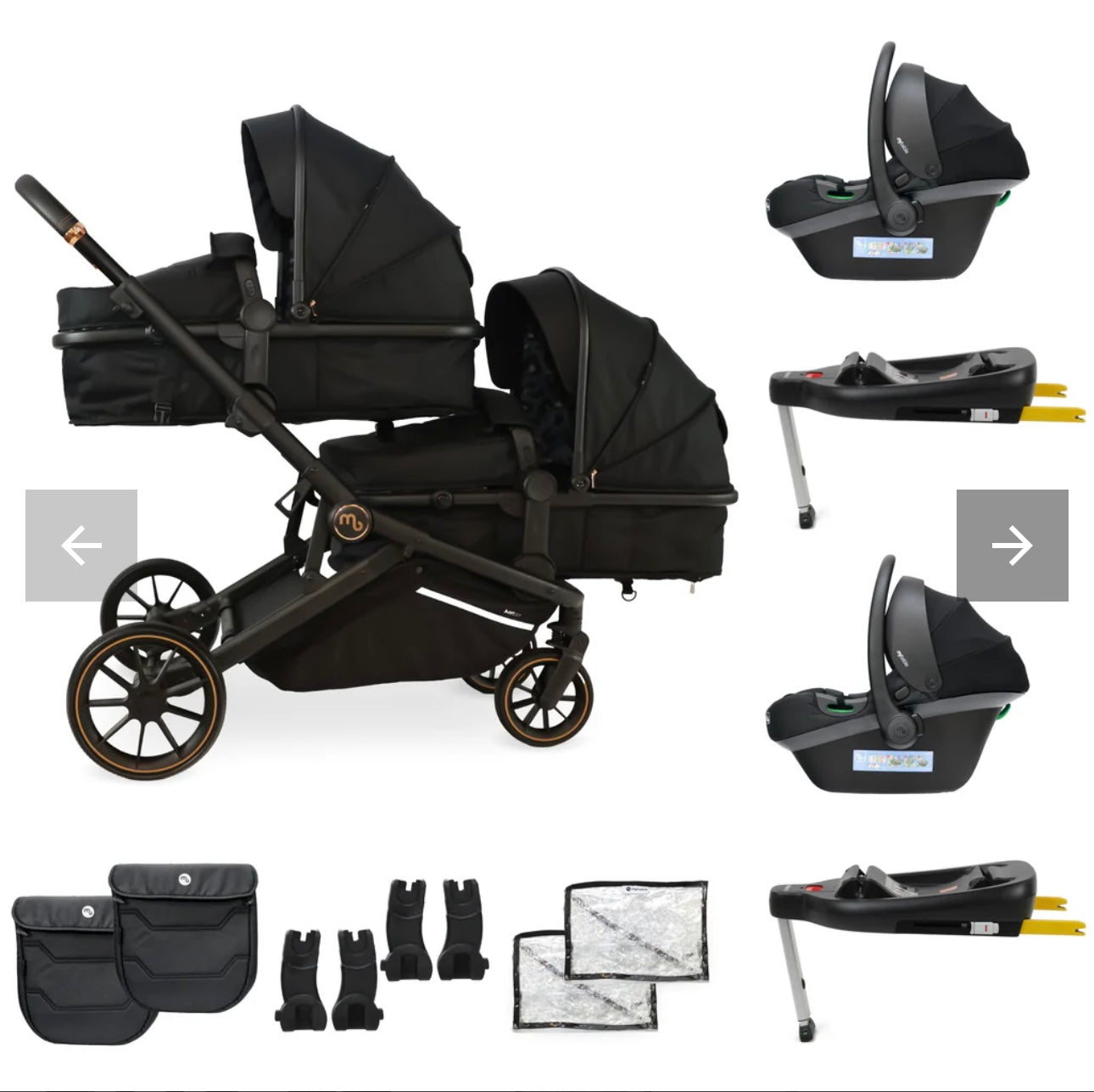 MB33 Tandem Pushchair with 2 Infant Carriers & 2 Bases - Black Leopard