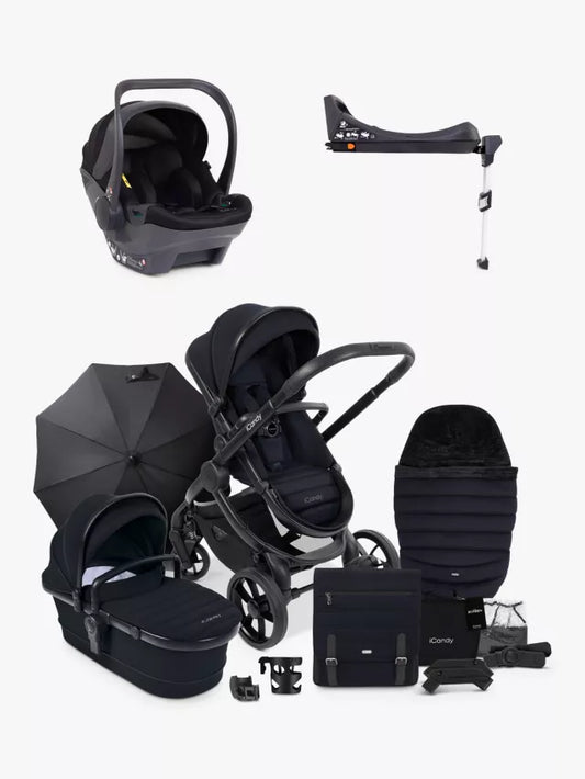 iCandy Peach 7 Pushchair, Carrycot & Accessories with Cocoon Car Seat and Base Travel Bundle, Black Edition