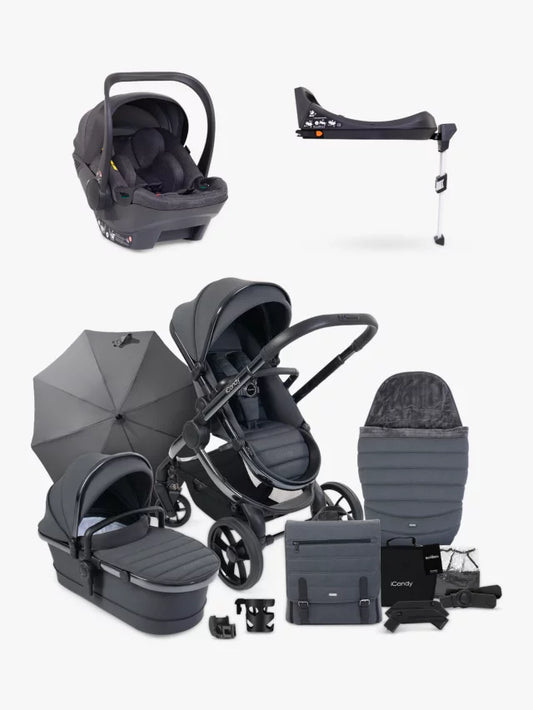 iCandy Peach 7 Pushchair, Carrycot & Accessories with Cocoon Car Seat and Base Travel Bundle, Dark Grey