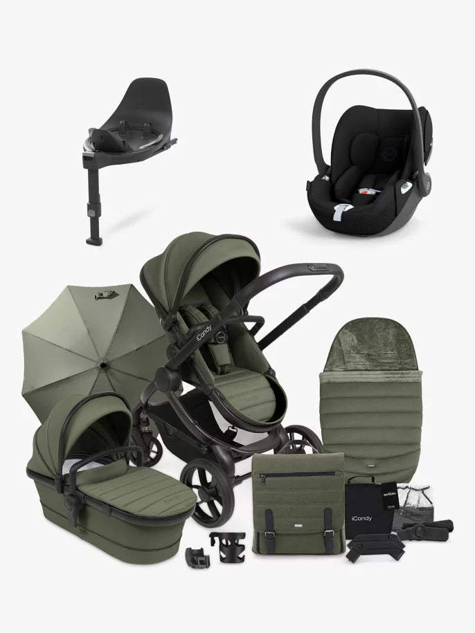 iCandy Peach 7 Pushchair & Accessories with Cybex Cloud T Baby Car Seat and Base T Bundle, Ivy/Deep Black